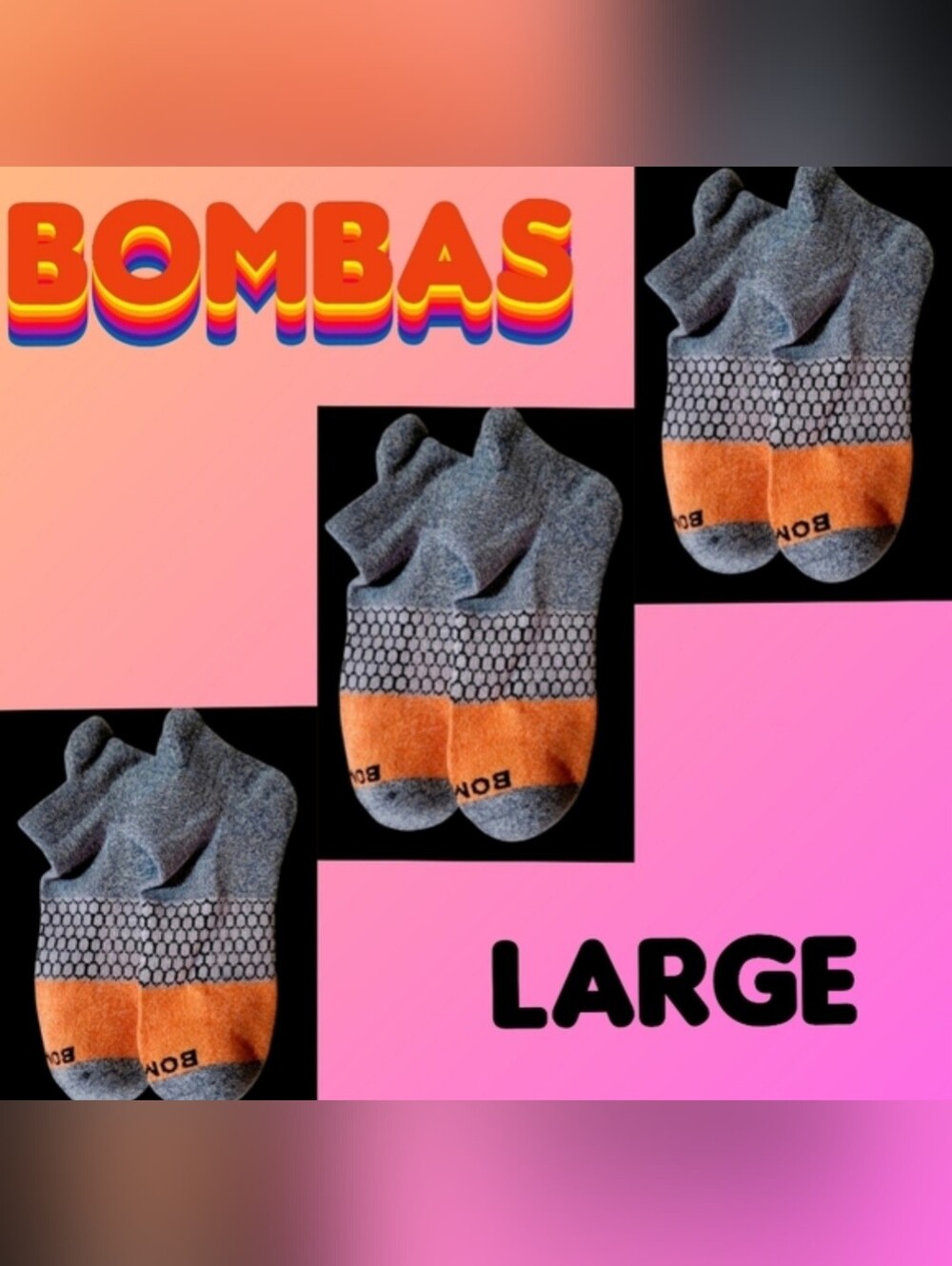 Bombas Ankle Socks  Honeycomb Unisex Large Orange/Gray BNWT 3 Pair